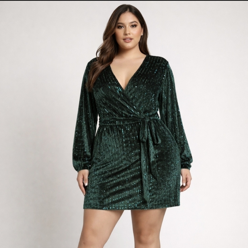 New Emerald Green Sequin Faux Wrap Dress Long Sleeve Party Cocktail Sexy 1X